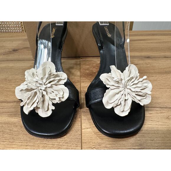 Larroude Hibiscus Slingback Sandal Heels Black Leather Floral Sz 10 Lightly Worn - Picture 6 of 13